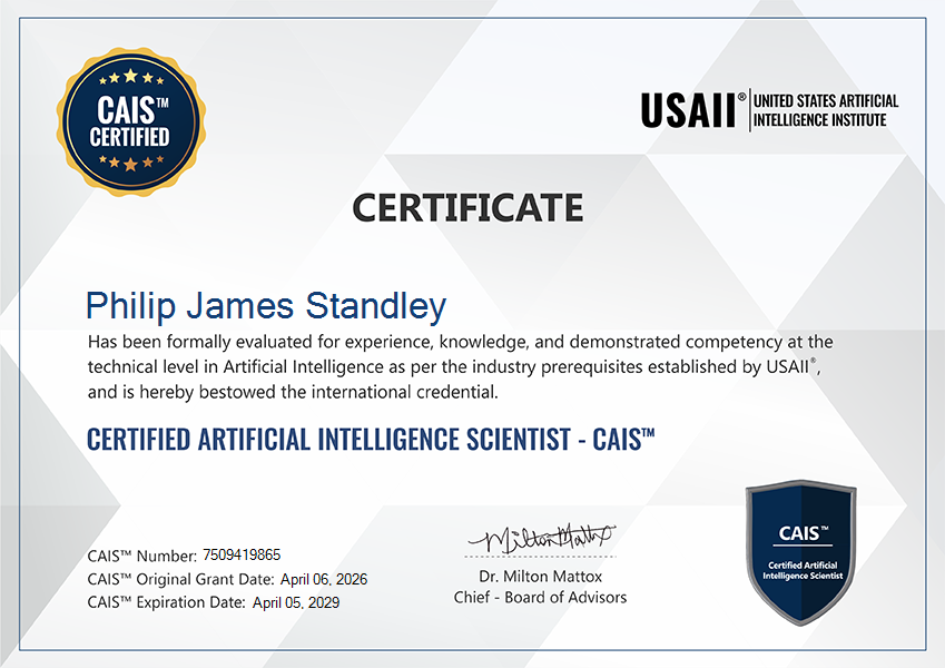 USAII Certified Artificial Intelligence Scientist certificate for Philip James Standley